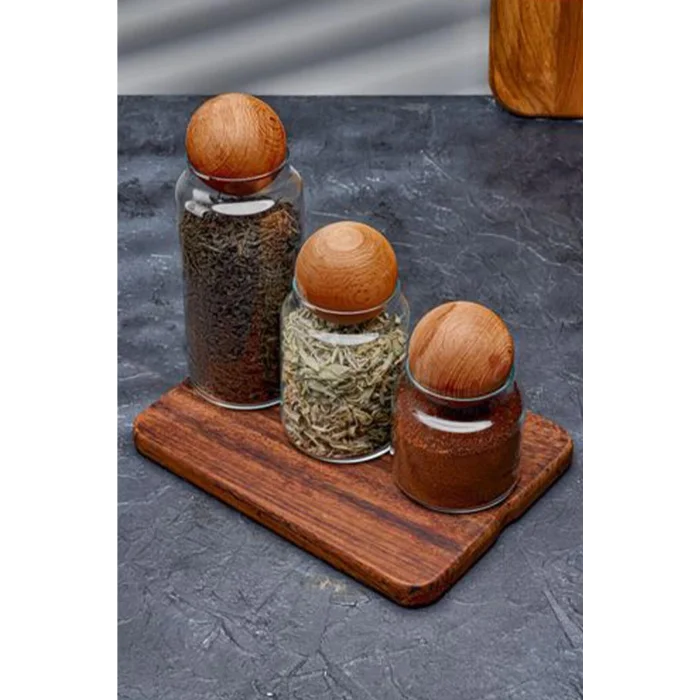 3lü Ahşap Top Kapaklı Cam Kavanoz Seti Şekerlik Çerezlik Baharatlık Vb. Saklama Kabı