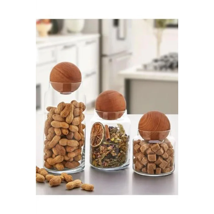 3lü Ahşap Top Kapaklı Cam Kavanoz Seti Şekerlik Çerezlik Baharatlık Vb. Saklama Kabı
