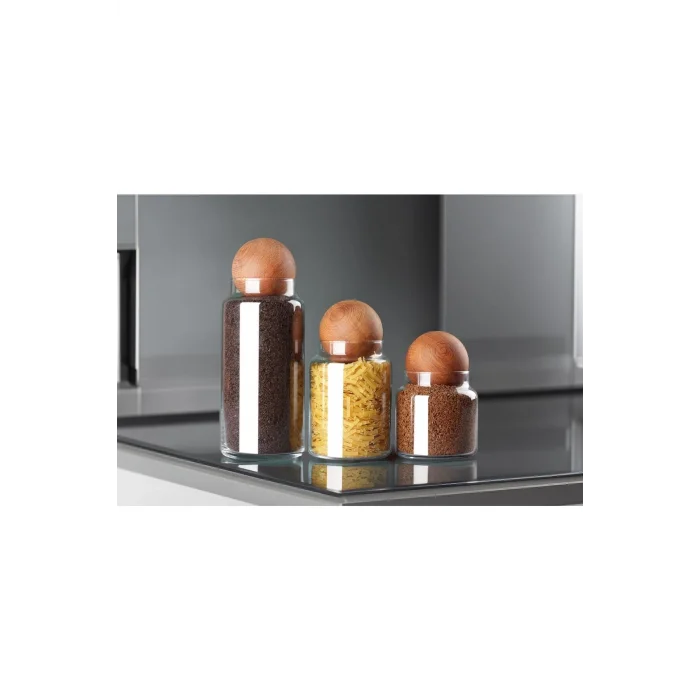 3lü Ahşap Top Kapaklı Cam Kavanoz Seti Şekerlik Çerezlik Baharatlık Vb. Saklama Kabı