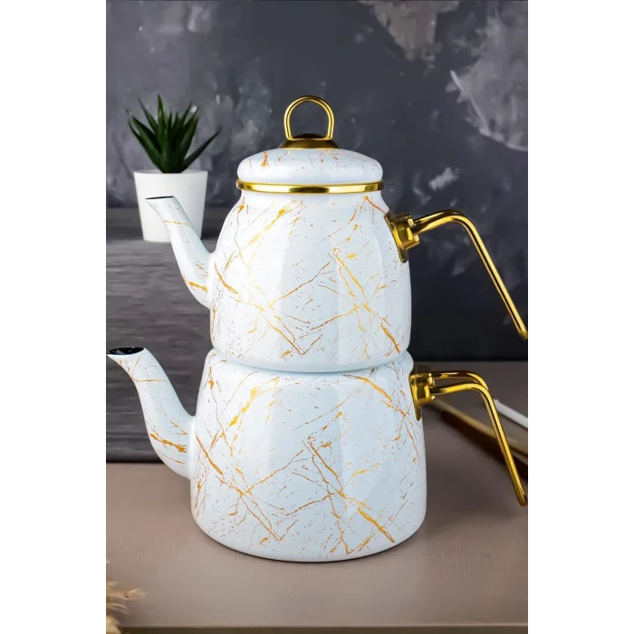 Premium Beyaz Kırık Mermer Çaydanlık Seti