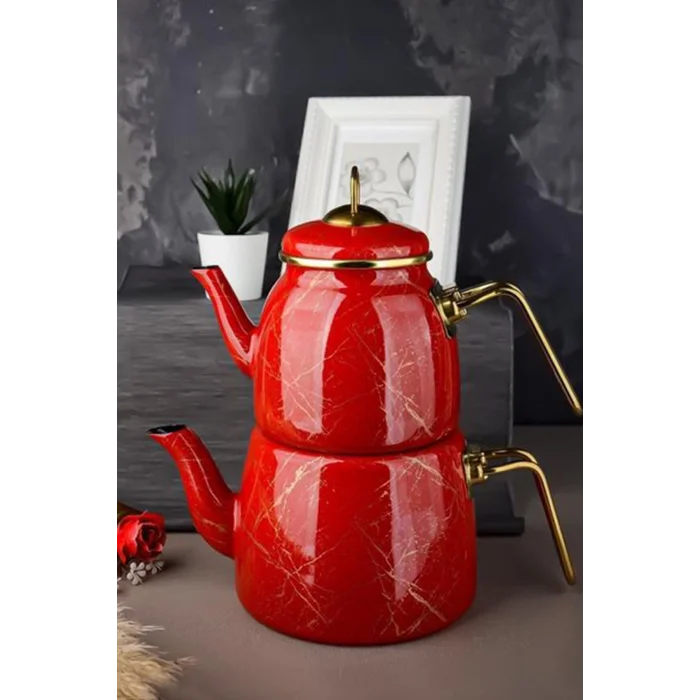 Premium Kırık Mermer Kırmızı Çaydanlık Takımı