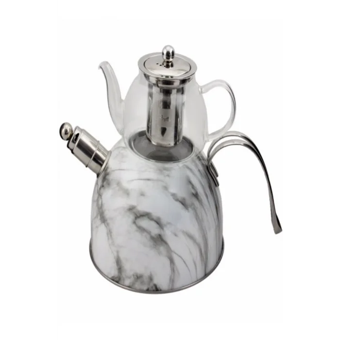 Nisev Mermer Düdüklü Çelik Cam Çaydanlık Takımı Beyaz