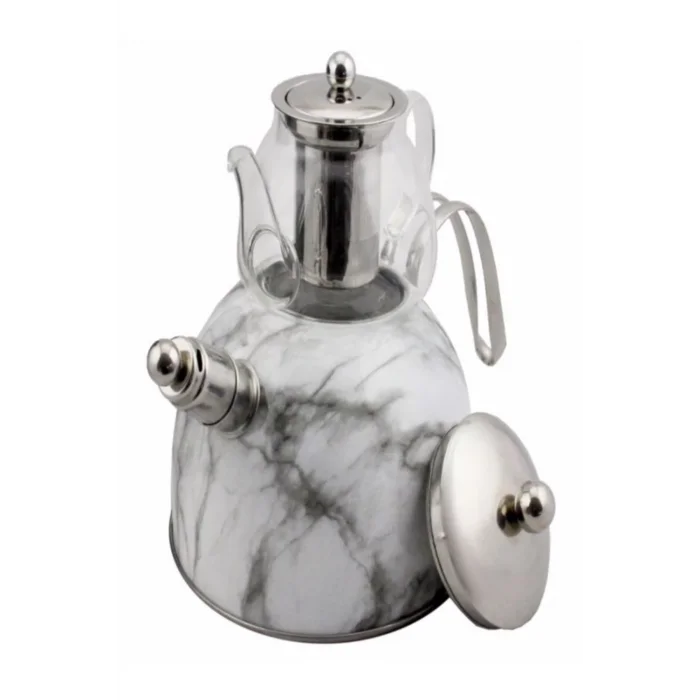 Nisev Mermer Düdüklü Çelik Cam Çaydanlık Takımı Beyaz