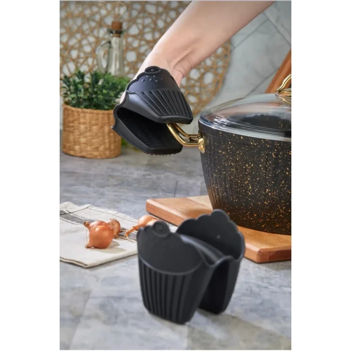 Silikon Fırın Eldiveni Isı Yalıtımlı Kaymaz Mikrodalga Fırın Tencere Tepsi Siyah 2 Adet