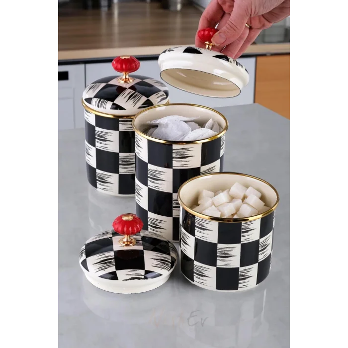 3’lü Lüks Emaye Dama Dekor Baharat Ve Kavanoz Takımı Seti 10-12-14 cm