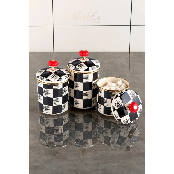 3’lü Lüks Emaye Dama Dekor Baharat Ve Kavanoz Takımı Seti 10-12-14 cm