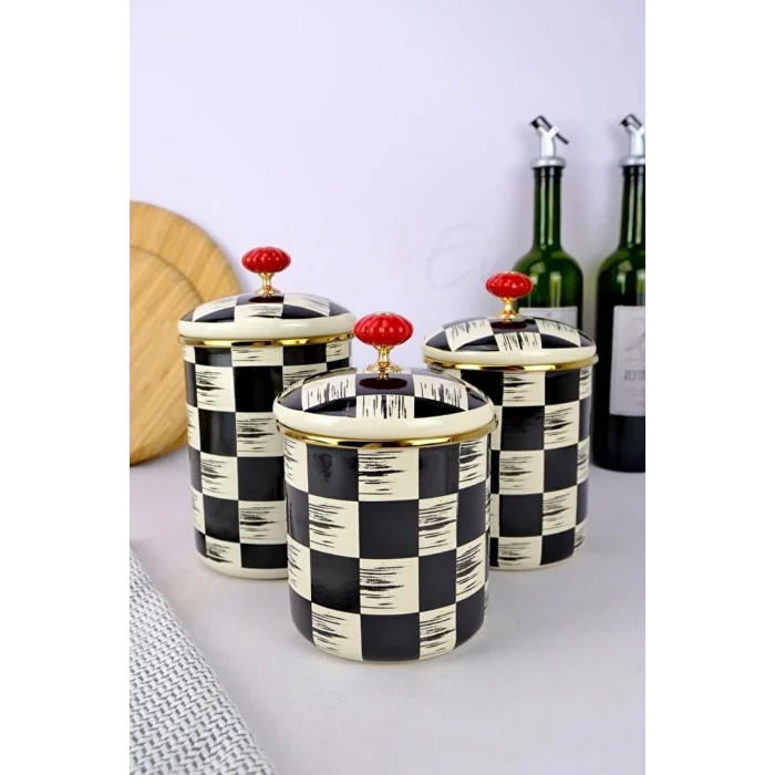 3’lü Lüks Emaye Dama Dekor Baharat Ve Kavanoz Takımı Seti 10-12-14 cm