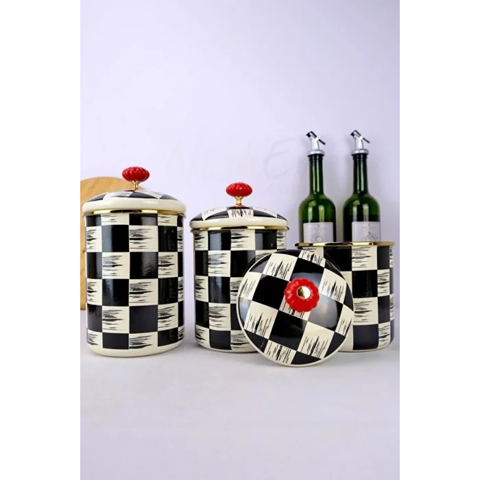 3’lü Lüks Emaye Dama Dekor Baharat Ve Kavanoz Takımı Seti 10-12-14 cm