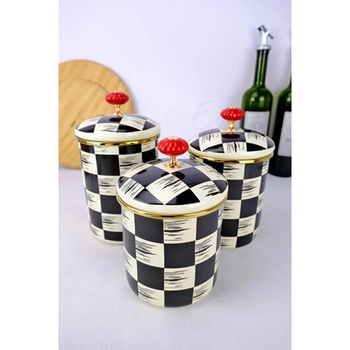 3’lü Lüks Emaye Dama Dekor Baharat Ve Kavanoz Takımı Seti 10-12-14 cm