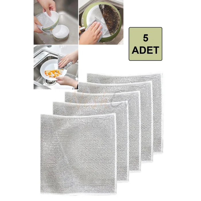Premium Çelik Tel Çift Katlı Bulaşık Bezi 5’li Set – Zor Kirle Mücadele, Mutfak & Banyo İçin