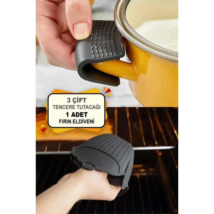 Yanmaz Yapışmaz Silikon Tencere Tutacak Seti + Isı Yalıtımlı Fırın Eldiveni