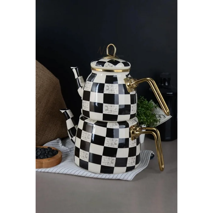 Premium Dama Desenli Siyah Beyaz Şık Çaydanlık Seti