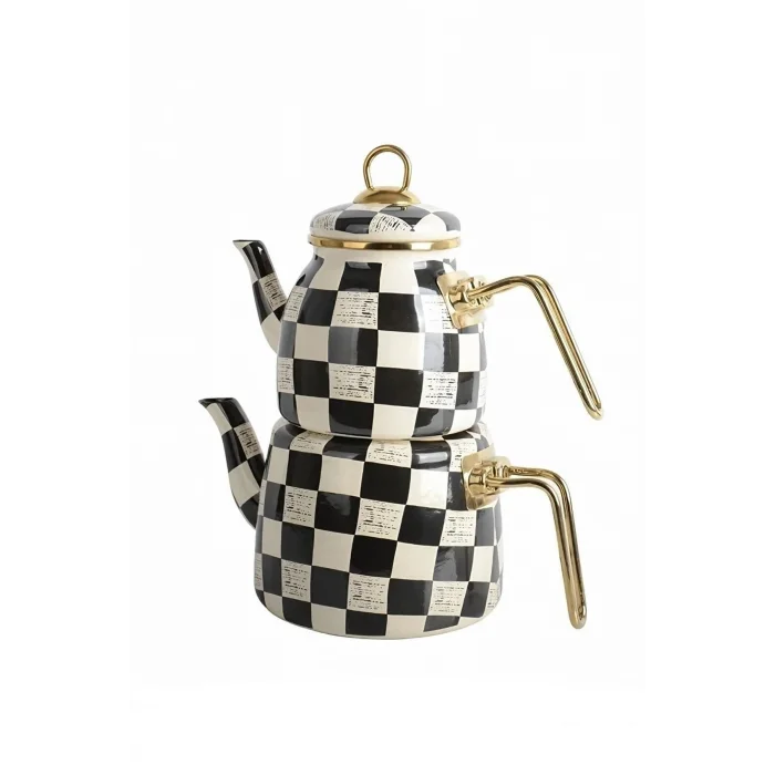 Premium Dama Desenli Siyah Beyaz Şık Çaydanlık Seti