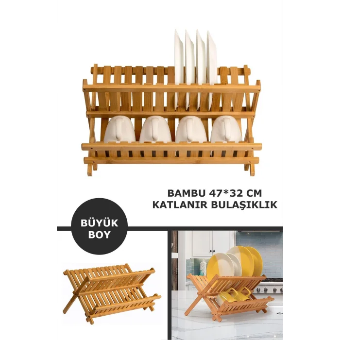 Lüks 2 Katlı Bambu Tabaklık & Kurutma Rafı – 47x32 cm