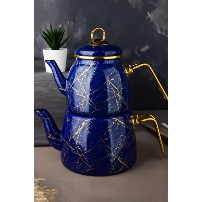 Elite Class Kırık Mermer Desenli Çaydanlık – Lacivert Premium Set