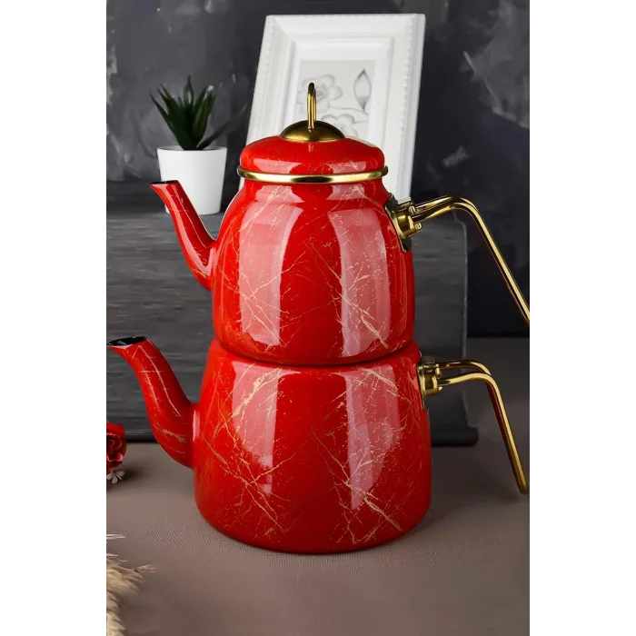 Elite Class Kırık Mermer Desenli Lüks Çaydanlık – Kırmızı