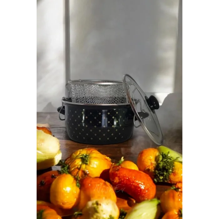 Lüks Siyah Desenli Kızartma Tencere – 22 cm, 4,5 Lt