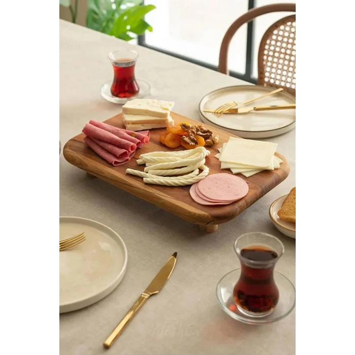 Prestijli Kayın Diktörtgen Ayaklı Kahvaltı Peynir Servis Tabağı