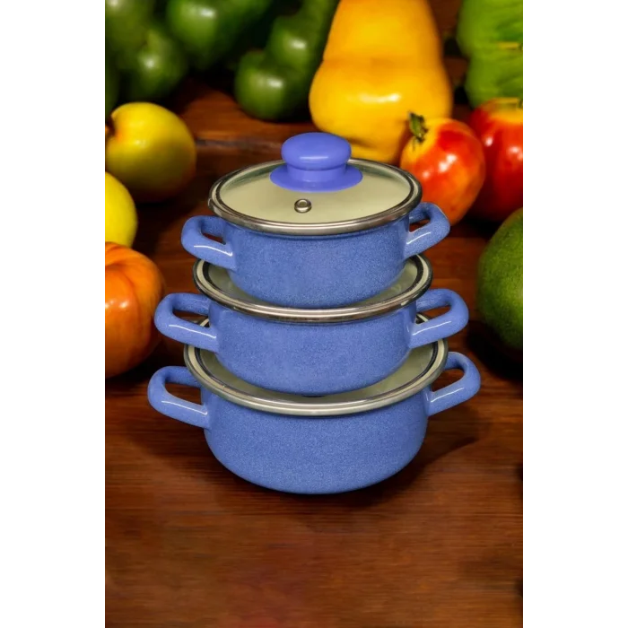 Lüks Mavi Mini Emaye Tencere Seti – 12/14/16 cm 3’lü