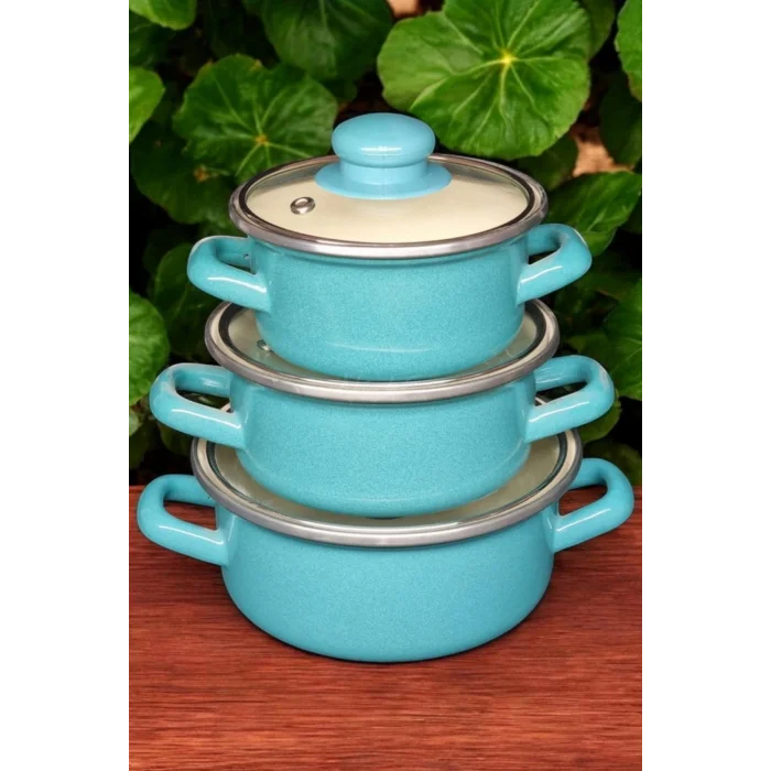 Turkuaz Premium Mini Emaye Tencere Seti – 6 Parça, 12/14/16 cm