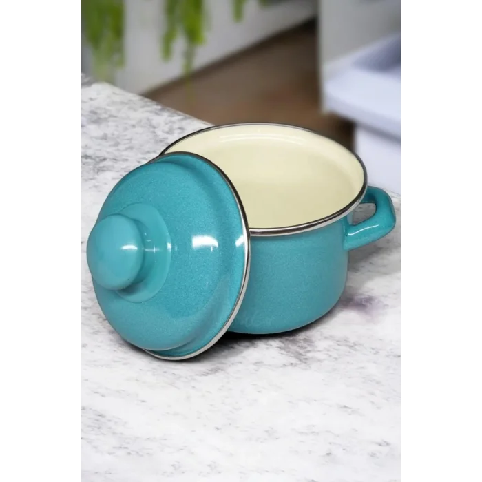 İtalyan Lüks Emaye Mini Tencere – Turkuaz 12 cm, 900 ml