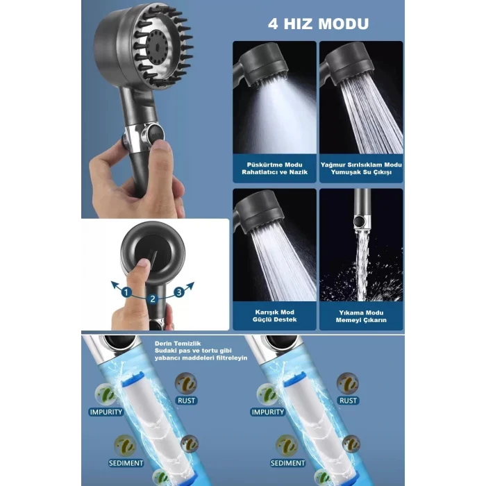 Lux 3 Fonksiyonlu Banyo Duş Başlığı Filtreli Kireç Önleyici Turbo Yüksek Basınçlı M