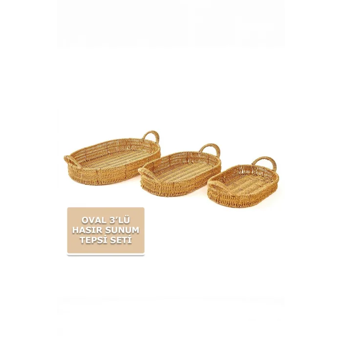 Nishev Oval 3’lü Lüks Hasır Servis Tepsi Seti