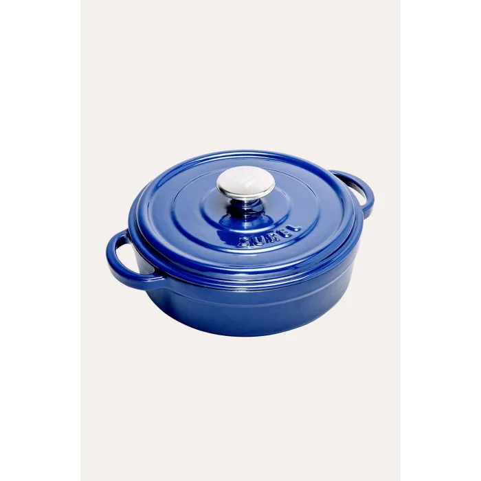 Sürel Mavi 24 cm Premium Demir Döküm Sığ Tencere – 3 Kat Antibakteriyel Emaye & Aroma Kapak