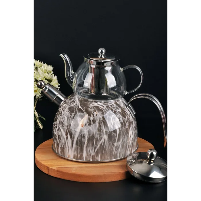 Nisev Mermer Düdüklü Cam Çaydanlık Takımı