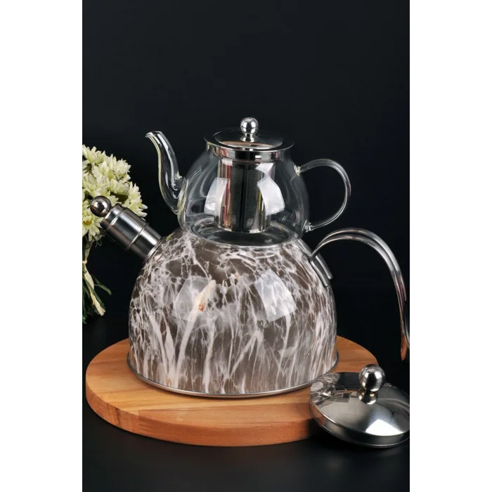 Nisev Lüks Mermer Desenli Cam Düdüklü Çaydanlık – Paslanmaz Çelik
