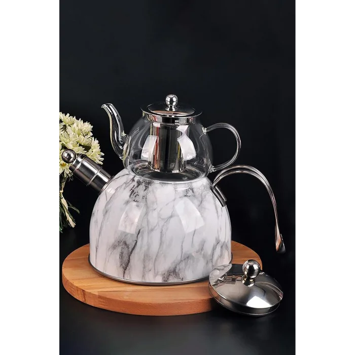 Nisev Mermer Düdüklü Çelik Cam Çaydanlık Takımı – Premium Tasarım