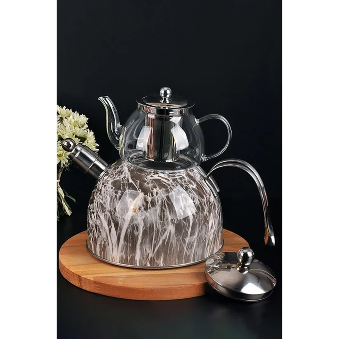 Nishev Premium Mermer Düdüklü Çelik-Cam Çaydanlık Takımı