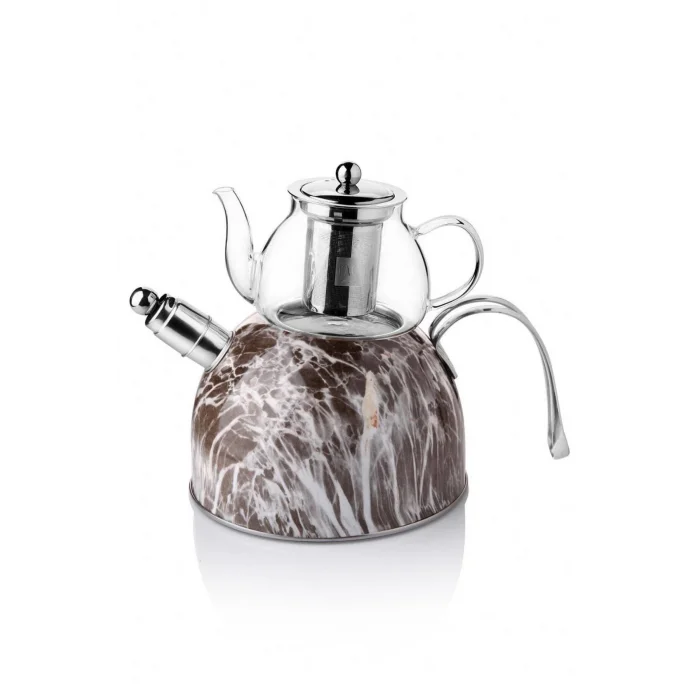 Nishev Premium Mermer Düdüklü Çelik-Cam Çaydanlık Takımı