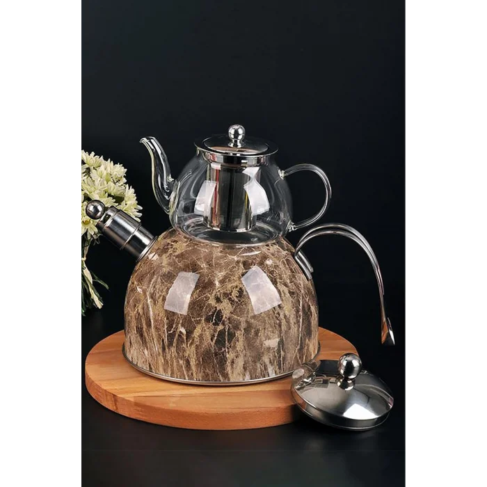 Nisev Lüks Mermer Düdüklü Çelik Cam Çaydanlık Takımı – Özel Tasarım
