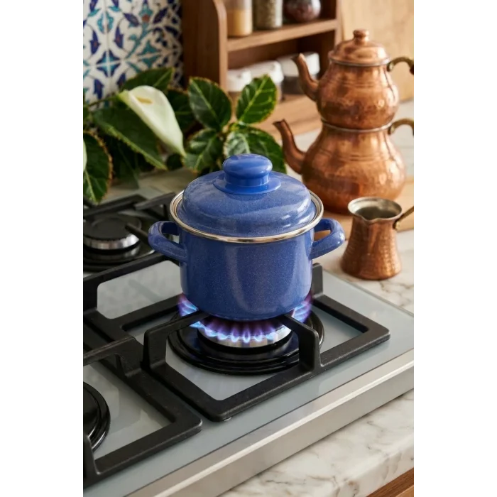 Lüks İtalyan Emaye Mini Derin Tencere – 12 cm Mavi – 900 ml