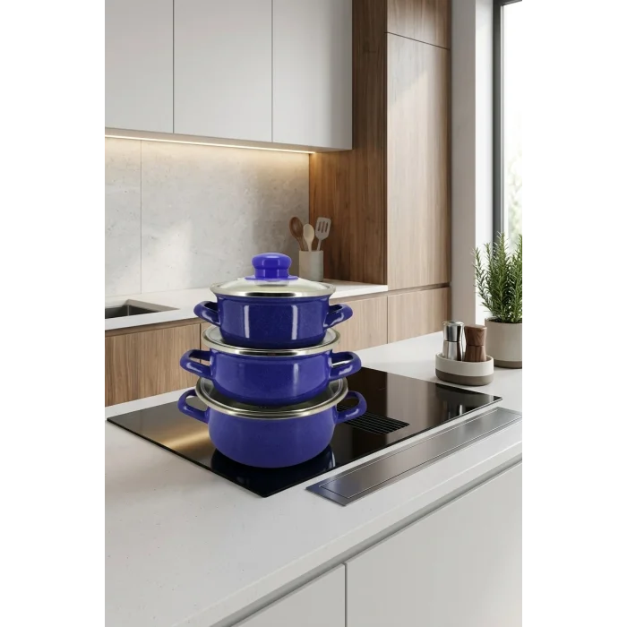 Protocol London Mavi Mini Emaye Tencere Seti – 12/14/16 cm, Çok Fonksiyonlu Çevre Dostu Çözüm