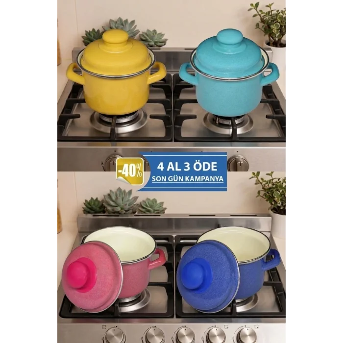 italyan tasarım Emaye Mini Tencere Seti – 12cm 900ml 3-Renk Alana 1 adet-hediye , Lüks ve Çevre Dostu