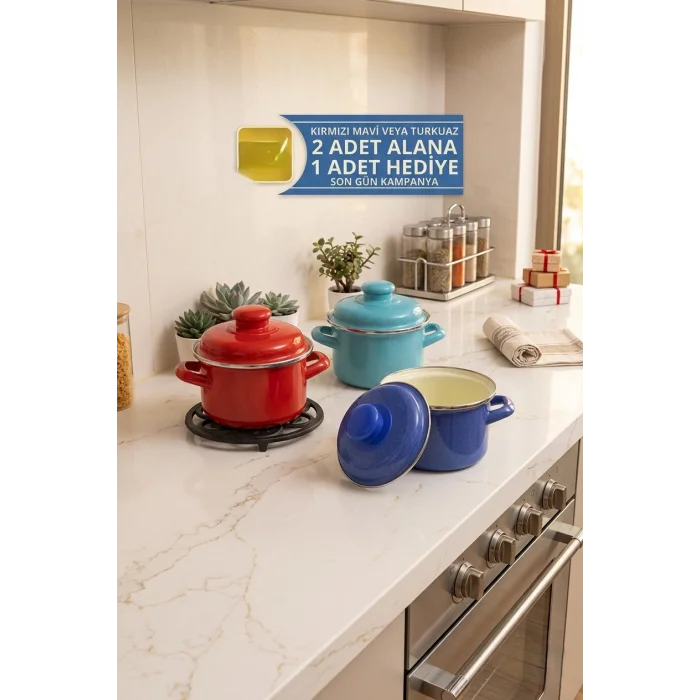 italyan tasarım Emaye Mini Tencere Seti – 12cm 900ml 2-Renk Alana 1 adet-bedava, Lüks ve Çevre Dostu
