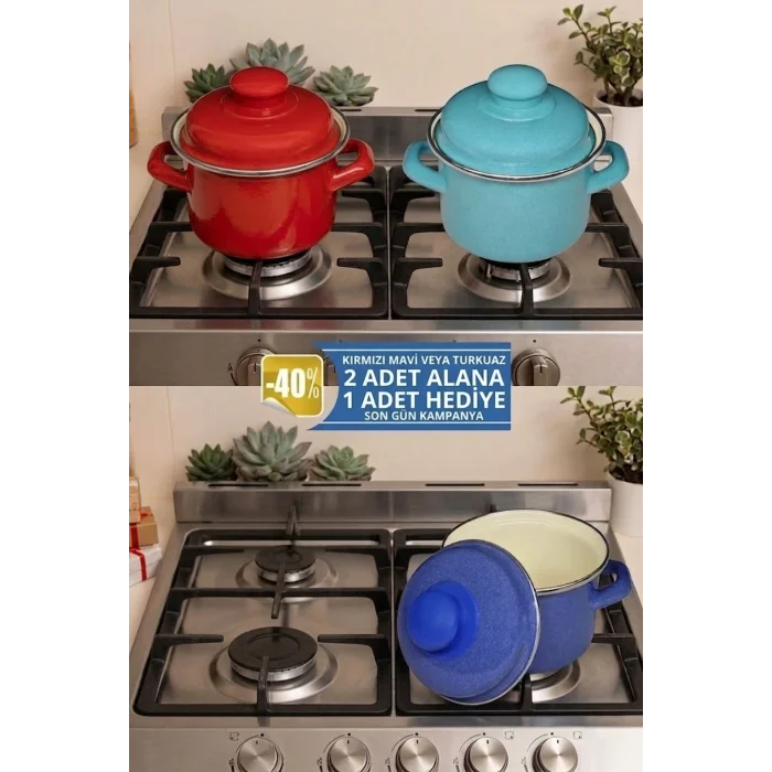 italyan tasarım Emaye Mini Tencere Seti – 12cm 900ml 2-Renk Alana 1 adet-bedava, Lüks ve Çevre Dostu