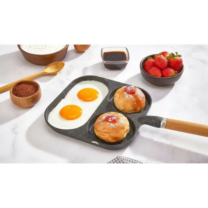 3 Bölmeli Granit Döküm Tava Pancake Yumurta Mücver Omlet Tavası