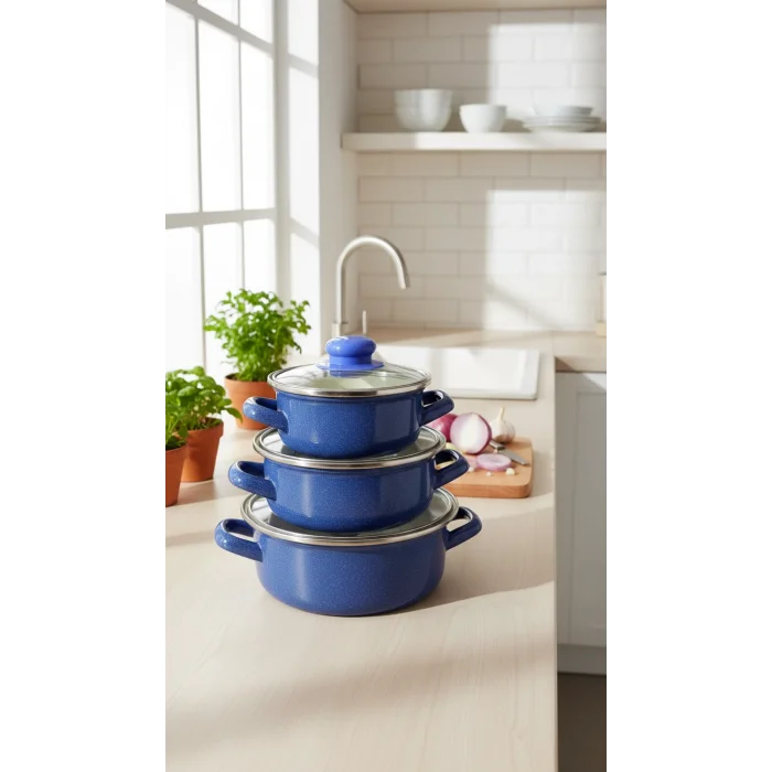 Lüks Mini Emaye Tencere Seti – 12/14/16 cm, 6 Parça Saklama Kabı