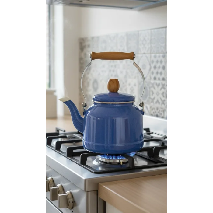 İtalyan Lüks Ahşap Kulp Çaydanlık – 2,5 Litre Mavi