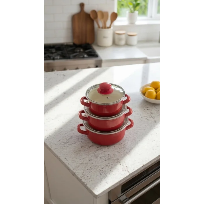 Protocol London Premium Mini Emaye Tencere Seti – Kırmızı 12/14/16 cm