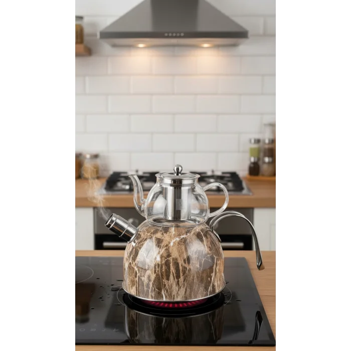 Lüks Mermer Desenli Cam Düdüklü Çaydanlık – Paslanmaz Çelik