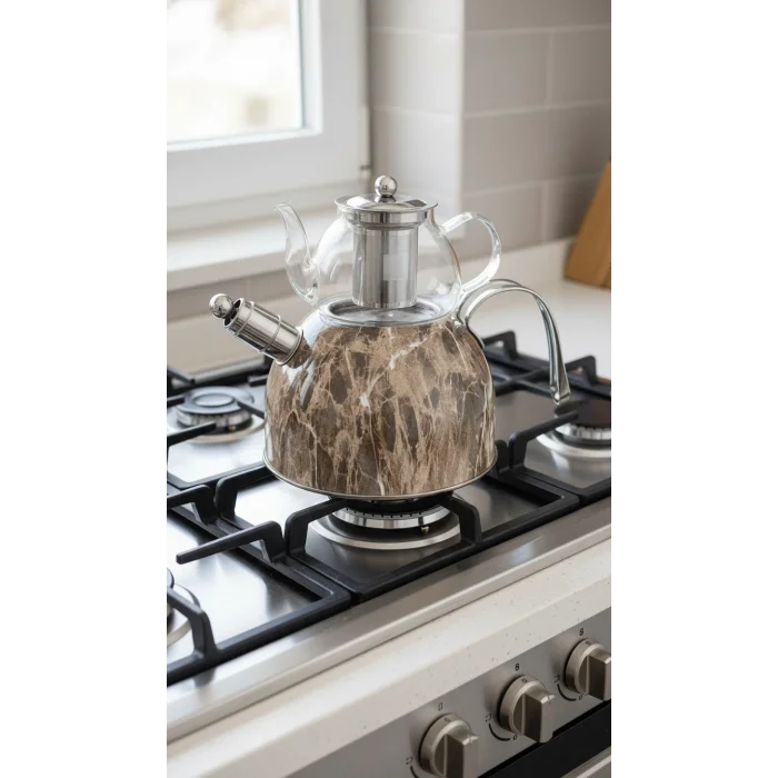 Lüks Mermer Desenli Cam Düdüklü Çaydanlık – Paslanmaz Çelik