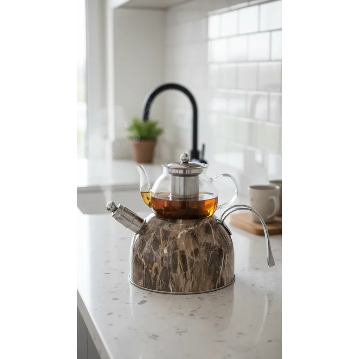 Lüks Mermer Desenli Cam Düdüklü Çaydanlık – Paslanmaz Çelik