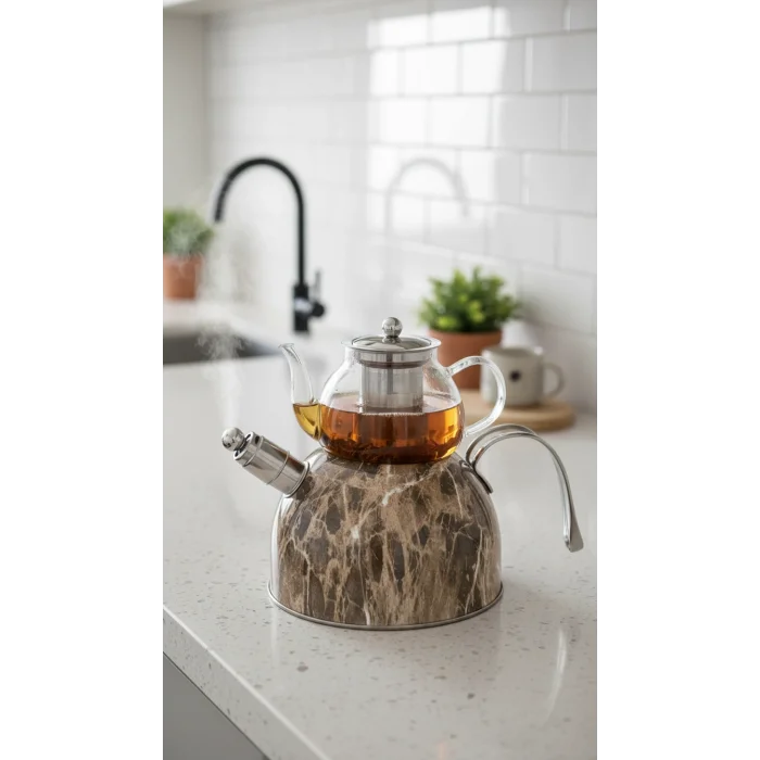 Lüks Mermer Desenli Cam Düdüklü Çaydanlık – Paslanmaz Çelik