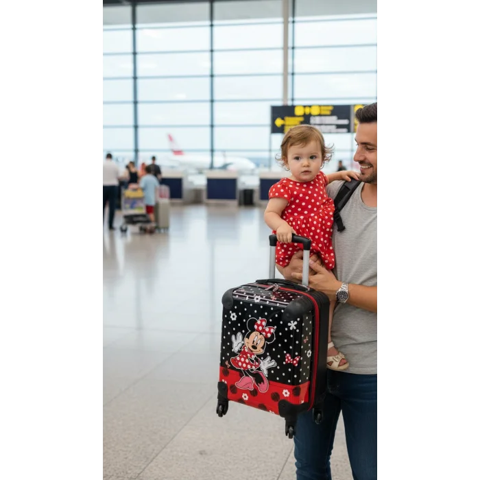 Kız Çocuklar İçin Ultra Hafif ABS Çizgi Karakter Kabin Boy Valiz – Siyah-Kırmızı Tasarım