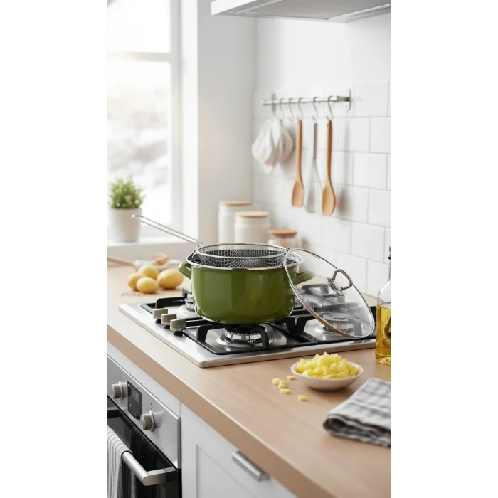 Premium Zeytin Yeşili Kızartma Tenceresi – 22 cm, 4,5 L