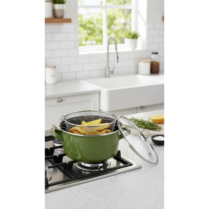 Premium Zeytin Yeşili Kızartma Tenceresi – 22 cm, 4,5 L